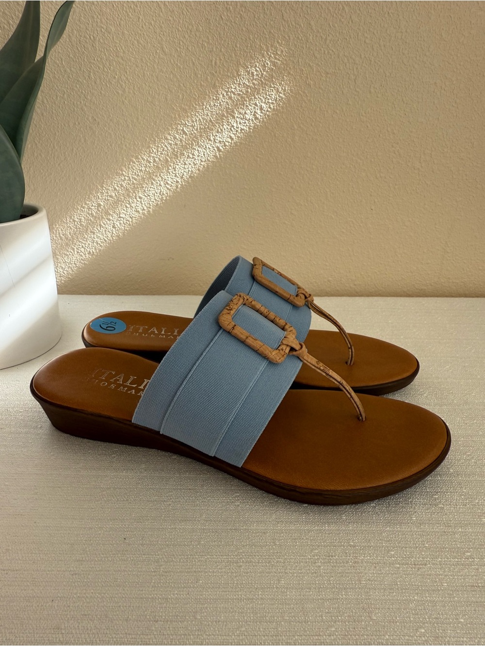 Italian Shoemaker Women’s Light Blue Slide Sandals with Cork Buckle Accent